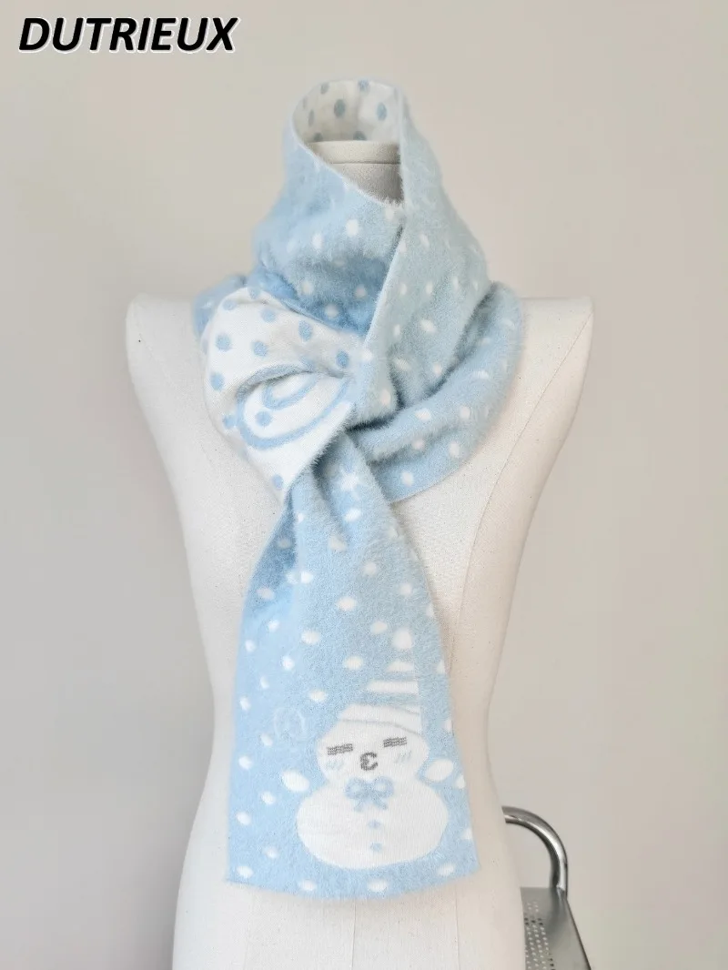 Original Polka Dot Scarf Soft Imitation Mink Winter New Blue White Color Matching Cute Sweet Girl Versatile Scarf Accessories