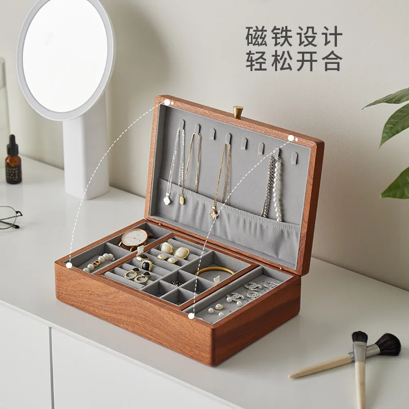 Solid Wood Jewelry Box Storage Box, High-end Exquisite Retro Desktop High-end Jewelry Ring Necklace Earring Jewelry Box
