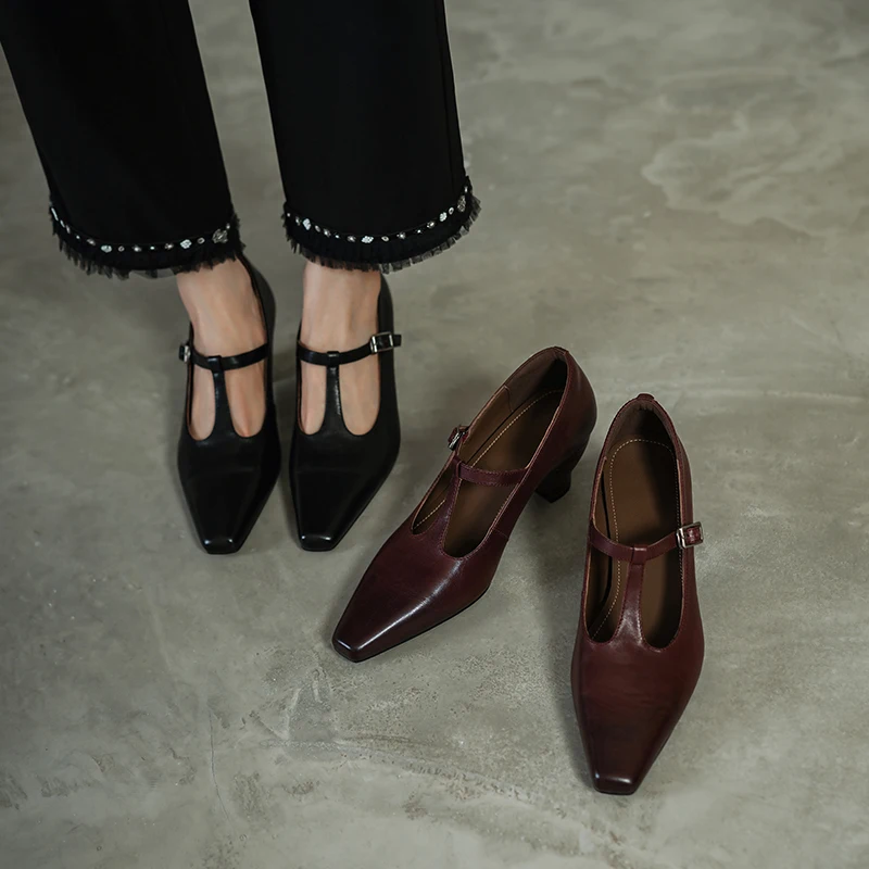 2026 new spring autumn women pumps natural leather 22-25cm cowhide+sheepskin square toe t-buckle high heel loafers women shoes