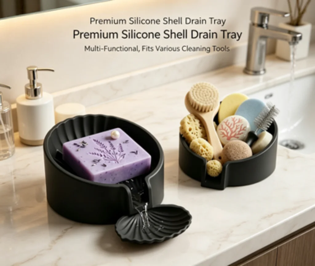 1pc Shell Shaped Silicone Soap Dish, Bathroom Soap Holder, Multi-Function Silicone Soap Tray, Bathroom Drain Organizer.