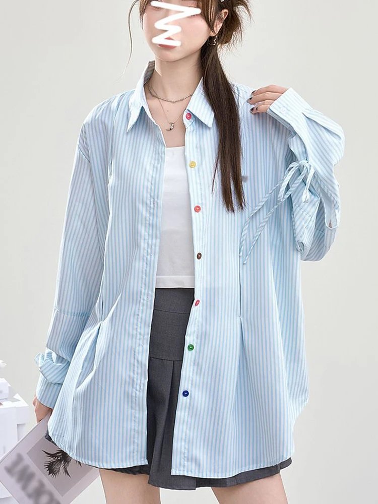 Chemise rayée à boutons de couleurs pour femmes, ample, doux, manches longues, chemisier élégant, mode coréenne, décontracté, surdimensionné, hauts mignons