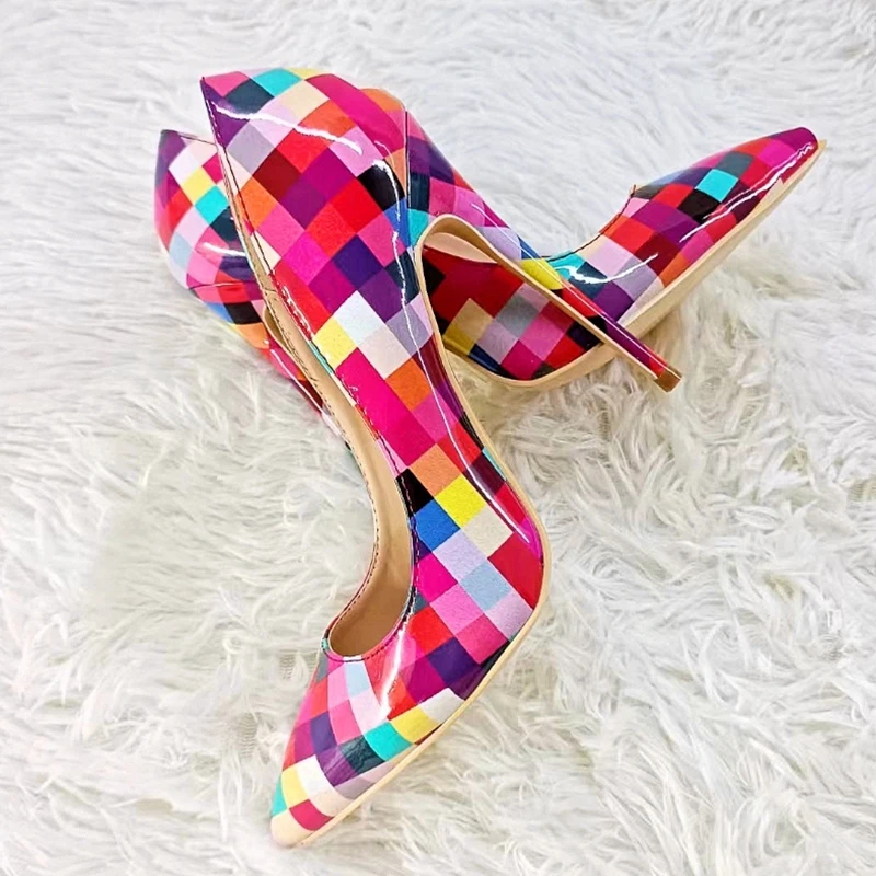 

Multi Colors Checked High Heel Pumps Pointed Toe Slip On 12cm 10cm 8cm Plaid Shallow Stiletto High Heels Celebrating Shoes