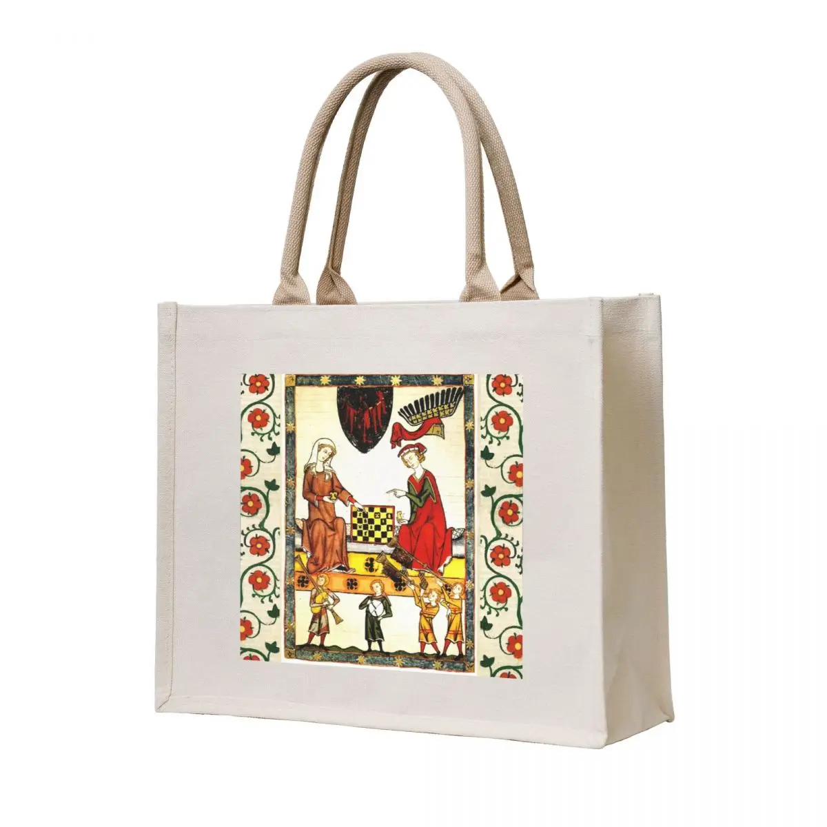 

MEDIEVAL CHESS PLAYERS IN COURT WITH MUSICIANS AND RED WILD ROSES Tote Bag tote bag custom Fabric bag Reusable bags