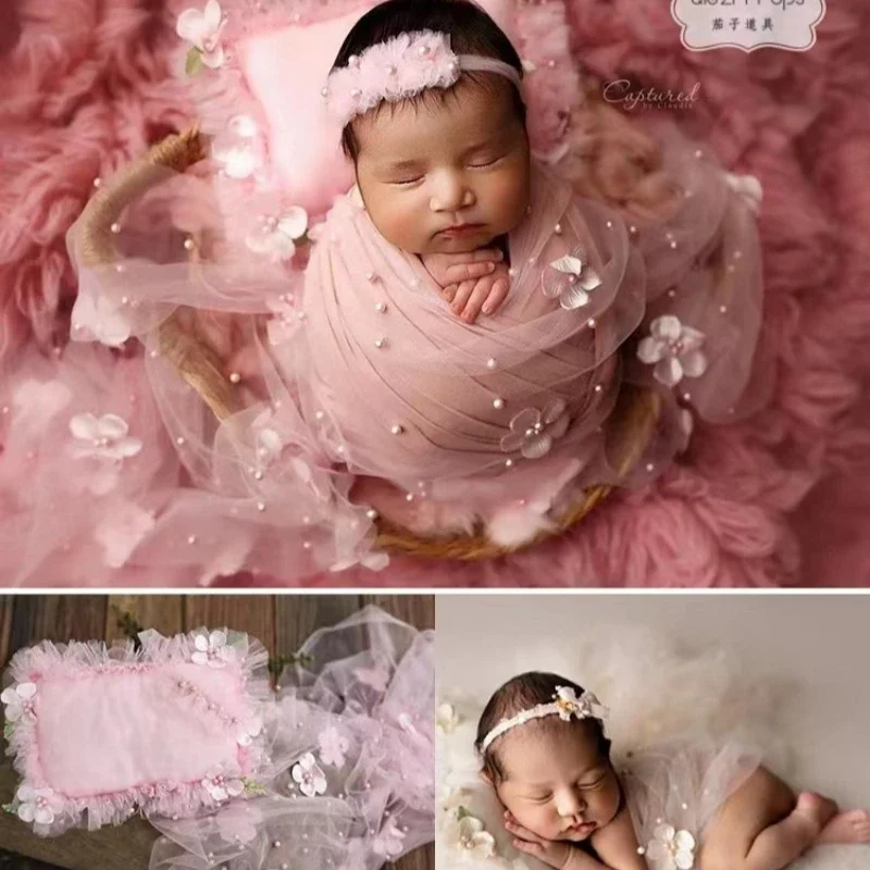 

Baby Photography Props Infant Pearl Gauze Wrap and Lace Headband+Pillow Posing Props Newborn Photoshoot Accessories Fotografie