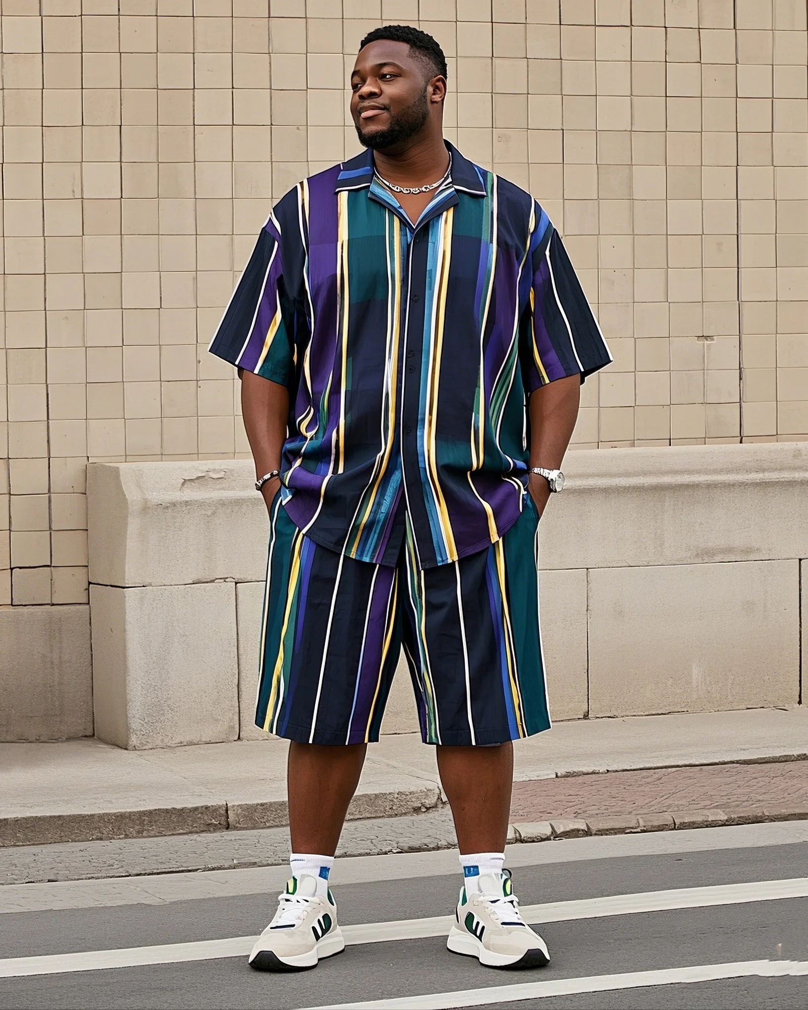 Conjunto de Camisa y Pantalones Cortos a Rayas Multicolores Retro para Hombres Grandes y Altos, Tallas S-9XL, Atuendo Casual de 2 Piezas