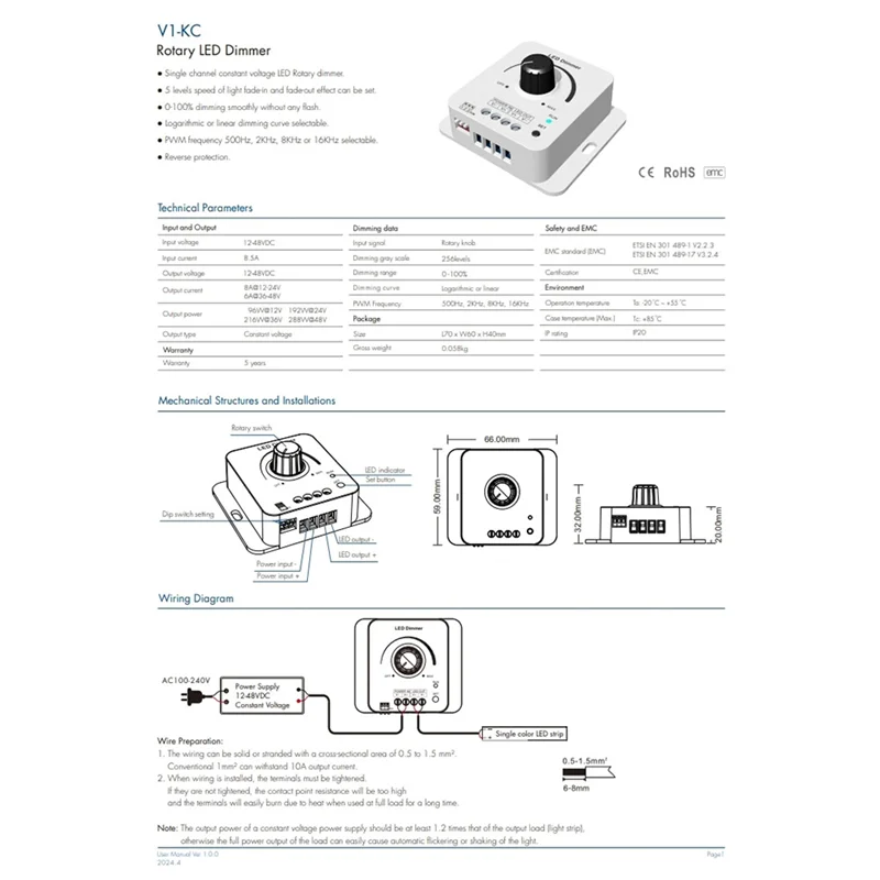 

AK25-12-48VDC Поворотный светодиодный диммер Skydance V1-KC 1Chx8a 5 уровней скорости светового градиента для одноцветной светодиодной ленты с затемнением ленты
