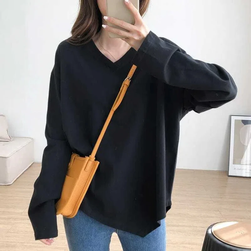 Simplicity Irregular Loose V Neck T Shirts Spring Autumn New Long Sleeve Solid Youth Casual Tops Fashion Vintage Women Clothing