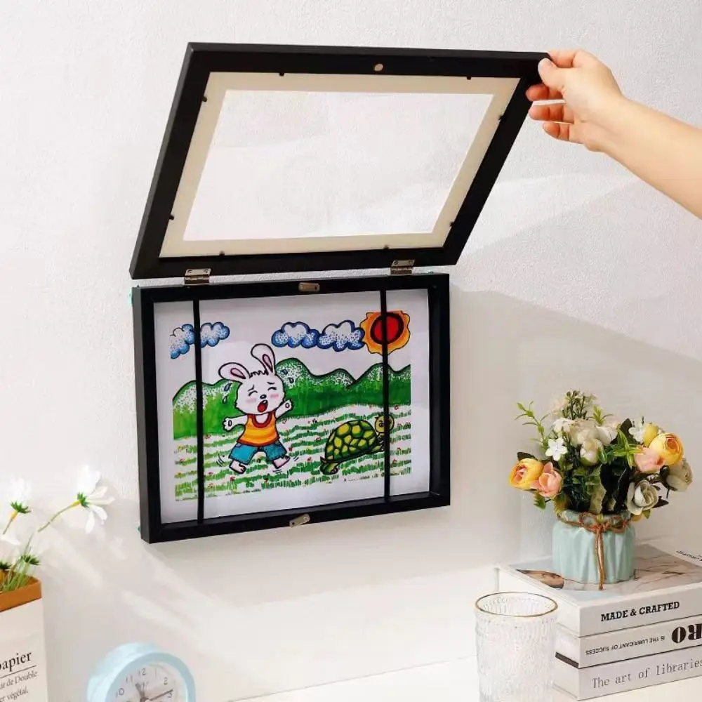 A4 Paper Kids Art Frames Magnetic Front Open Changeable Children Drawing Display Rack Elastic Straps Wall Mount