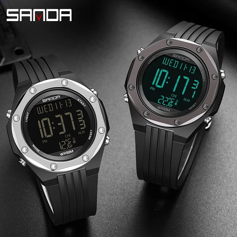 SANDA 6028 2023 New Model Thermometer Environment Single Movement Display Alloy Case Electronic Men\'s Watch Digital Wristwatches