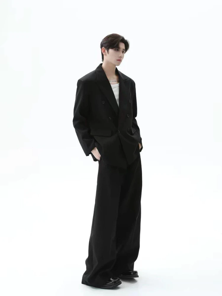 Men's Double Breasted Peak Lapel Blazer Set Loose Fit Streetwear Suit Niche High End Design Edgy Casual Outfit
