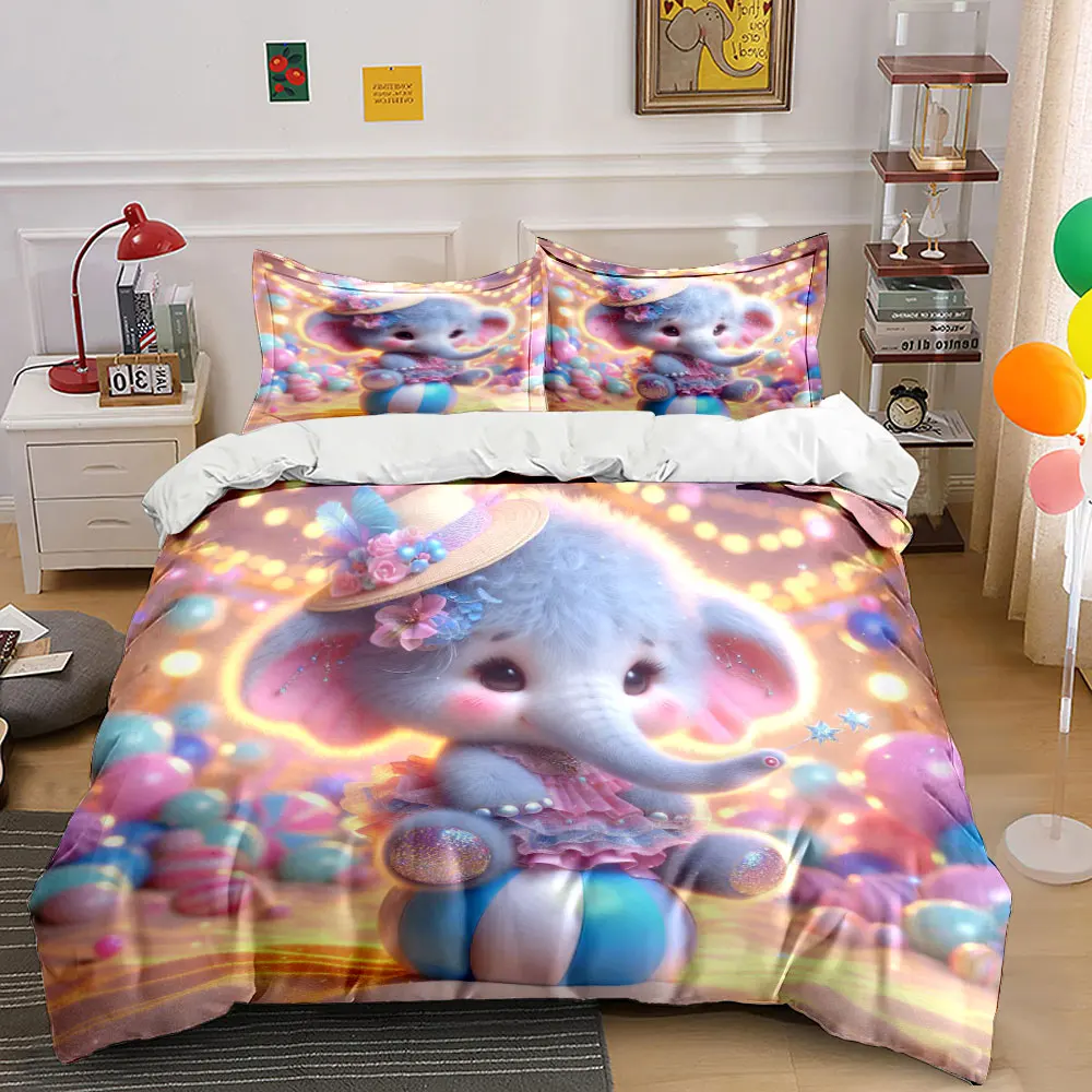 Adorable elephant in pink dress mystical setting Print Bedding Set 1 Duvet Cover 2 Pillowcases for Adult Children Luxury Gift