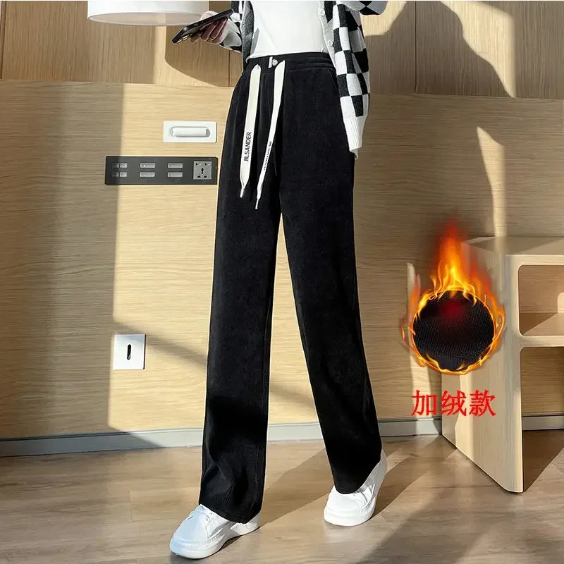 

High Street Casual Loose Pocket Patchwork Thick Pant Autumn Winter New Solid Color Fashion Elastic Waist Wide Leg Trousers