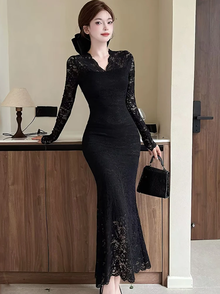 Feminino coreano vintage luxo bodycon vestido longo primavera outono branco renda jacquard vestido 2025 elegante chique babados vestidos de noite