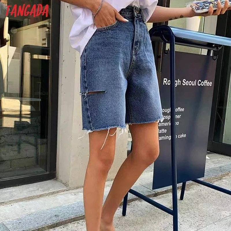 Tangada Summer Fashion Women Blue Ripped Shorts Pants Trousers Boyfriend Style Tassel Pockets Buttons Shorts PP11