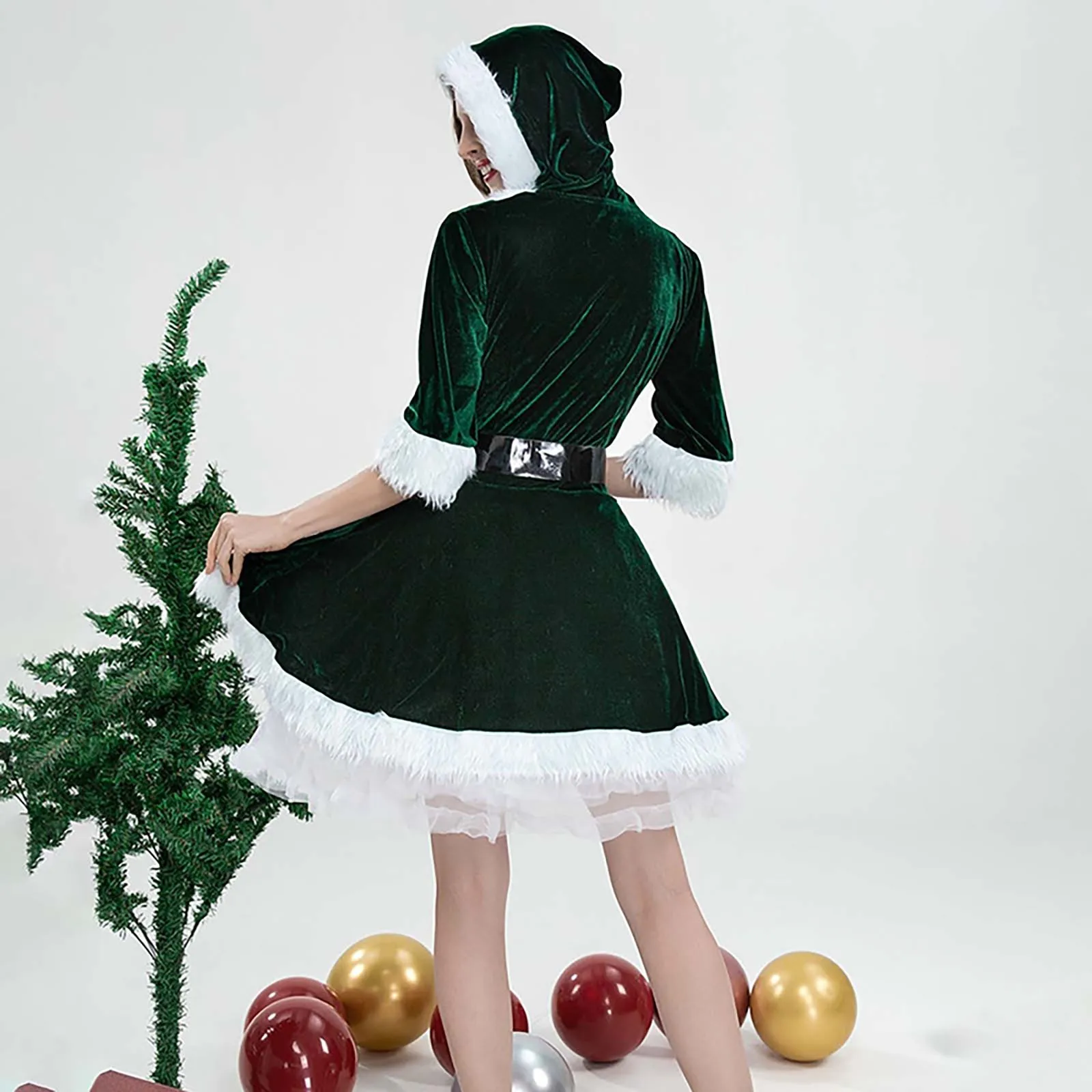 Women Christmas Dress Velvet Belt High Waist Large Swing Short Dress New Year Cosplay Xmas Role Play Costumes Women Hooded Dress