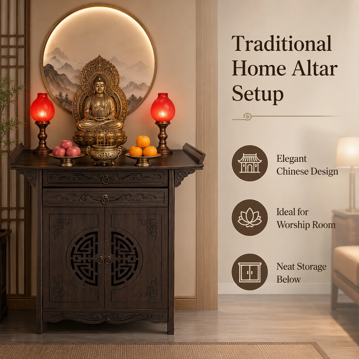 Chinese Altar Table with Storage, Traditional Bamboo Home Shrine Table with Drawer, Pull-Out Tray for Worship and Meditation