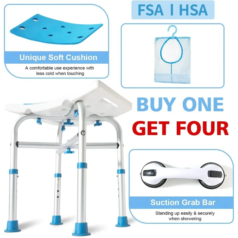 500lb Heavy Duty Shower Chair for Inside Shower, HSA/FSA Eligible Padded Shower Seat with Grab Bar, Adjustable Bath Chairs