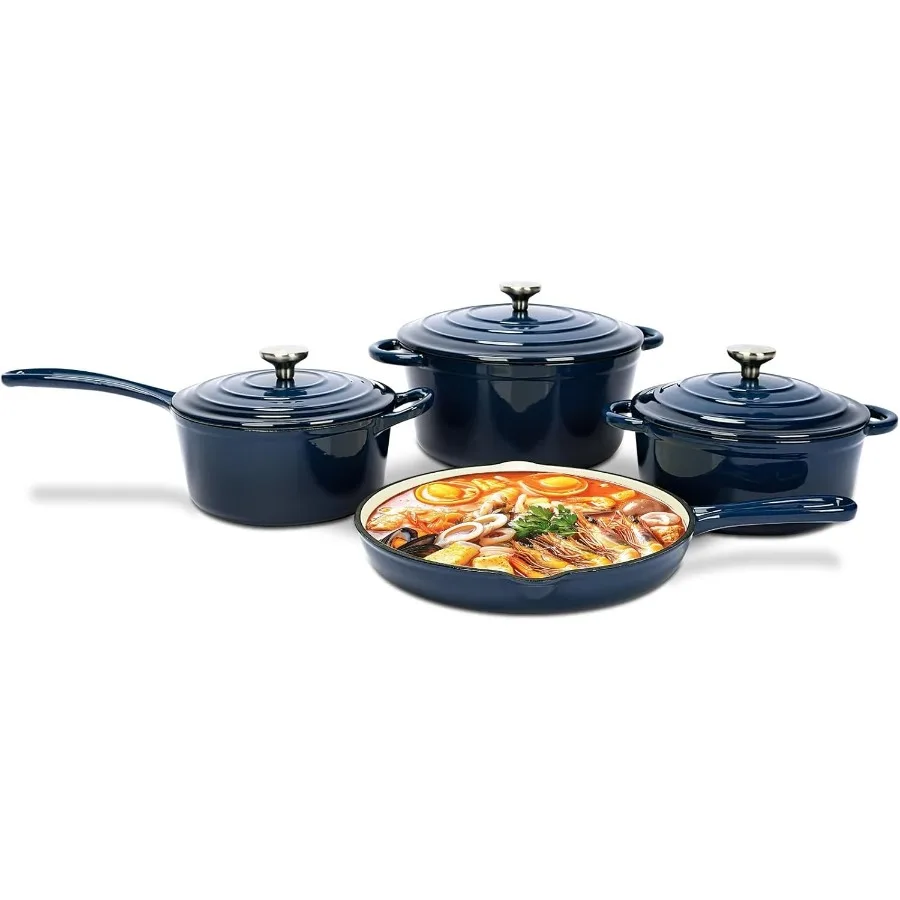 

Nonstick Enameled Cast Iron Cookware Set, Frying Pan Skillet- 7-Pcs Pots and Pans with Lid, Healthy Round Dutch Oven Pot for Sou