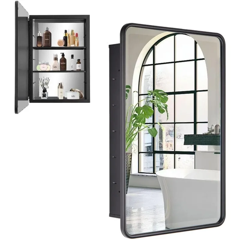 Black Bathroom Medicine Cabinet with Mirror 16 x 24 Metal Frame Recessed Or Wall Mounted Single Door Storage Medicine Cabinet