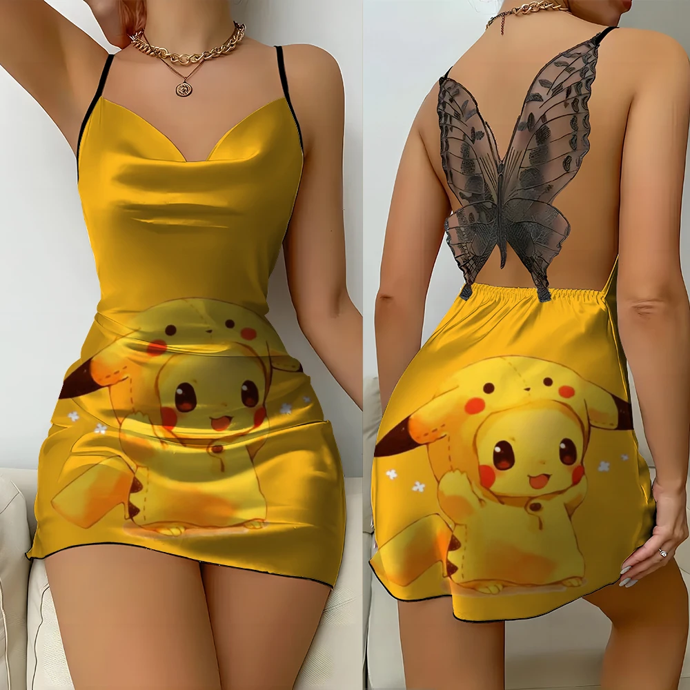 

Pokemon Women's Cute Cartoon Anime Print Butterfly Lace Backless V-neck Suspender Sexy Slim Home Casual Nightdress