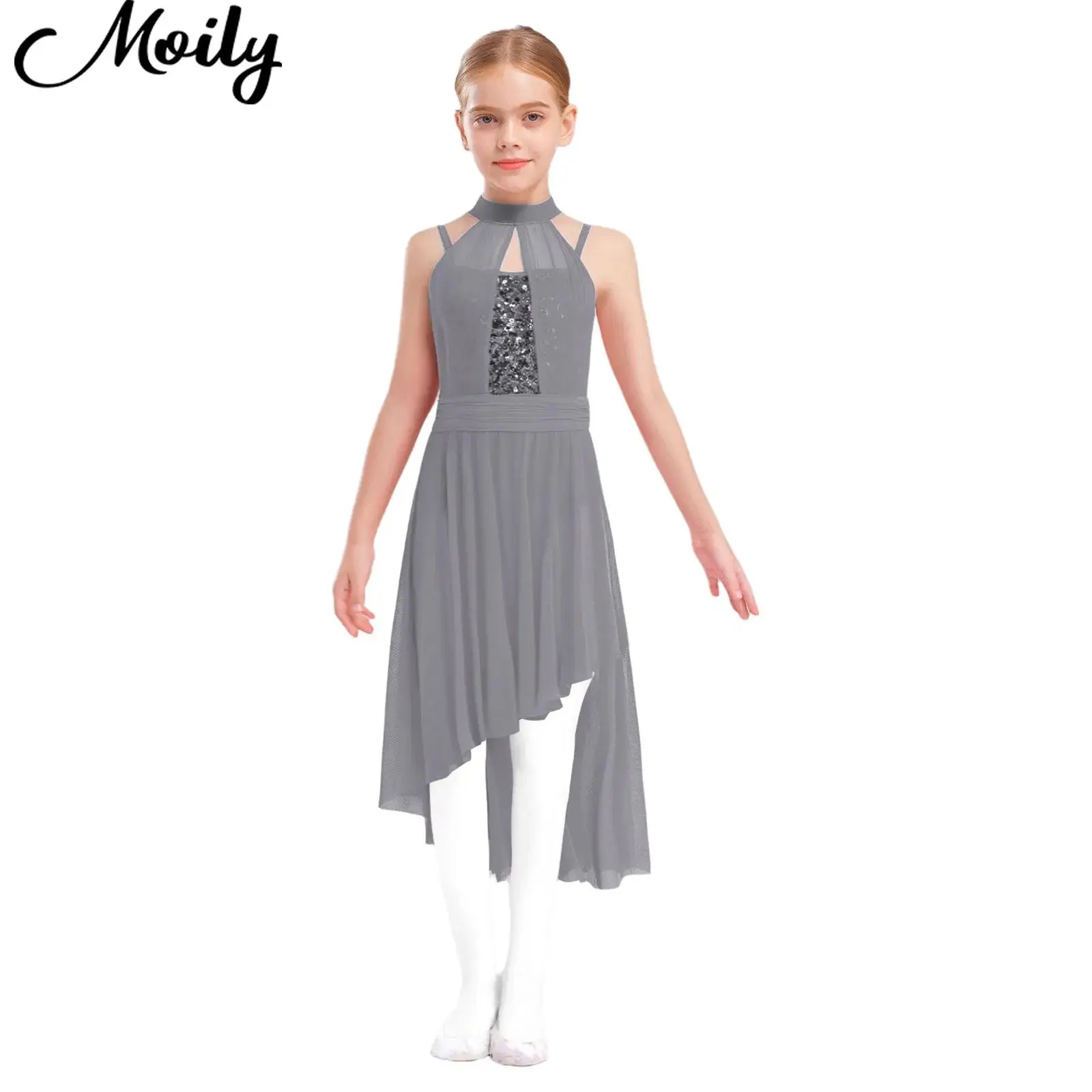 

Girls Lyrical Dance Dress Contemporary Dress Sleeveless Shiny Sequins Bodice Skirted Leotard Kids Performance Fashion Clothing