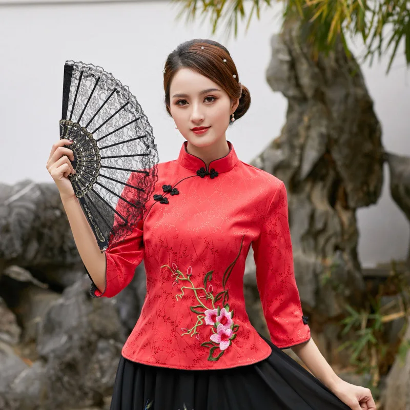 

Vintage Embroidery Elegant Shirt Streetwear Harajuku Cheongsam Top Hanfu Ethnic Style Chinese Clothing for Women Clothes Qipao