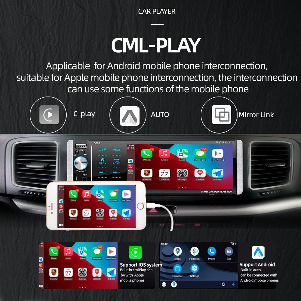 Ptopoyun Carplay Radio 1 din Som Automotivo Bluetooth Android Autoradio MP5 Player 5.1 Inch FM Audio Stereo Receiver Mirror link