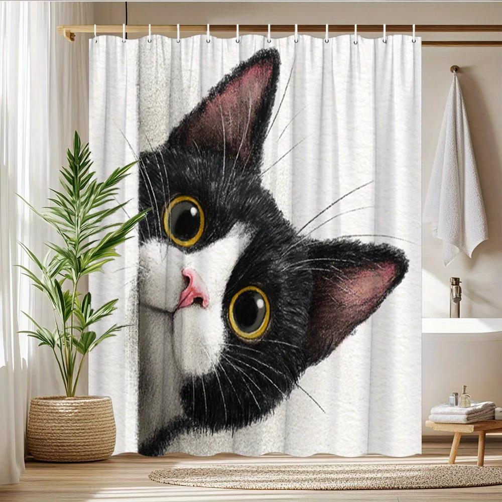 

Black White Cat Shower Curtain Curious Cat Yellow Eyes White Wall Illustration Home Decor Bathtub Partition with Hooks