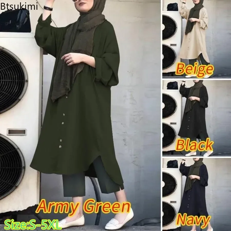 2026 Mid East Muslim Fashion Abayas for Women Vintage Long Sleeve O-neck Shirt Dress Tops Women Casual Loose Blouse Modest Robe