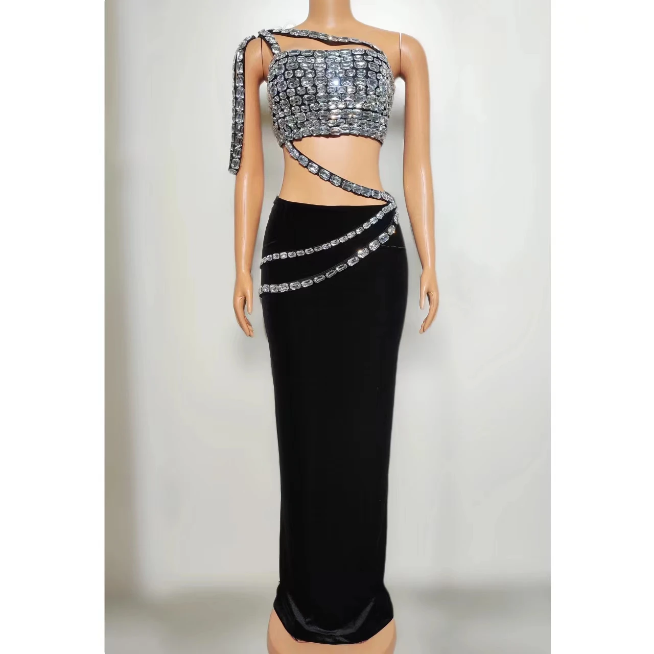 

Nightclub Bar DJ Female Singer Party Dance Team Theme Show Sexy European And American Diamond Studded Diagonal Shoulder Skirt