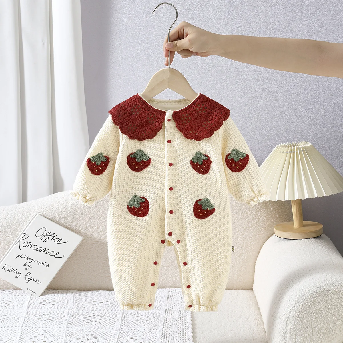 

Strawberry Knitted Embroidered Baby Romper Thickened for Autumn and Winter Crawling Suit with Lace Collar Infant Girl