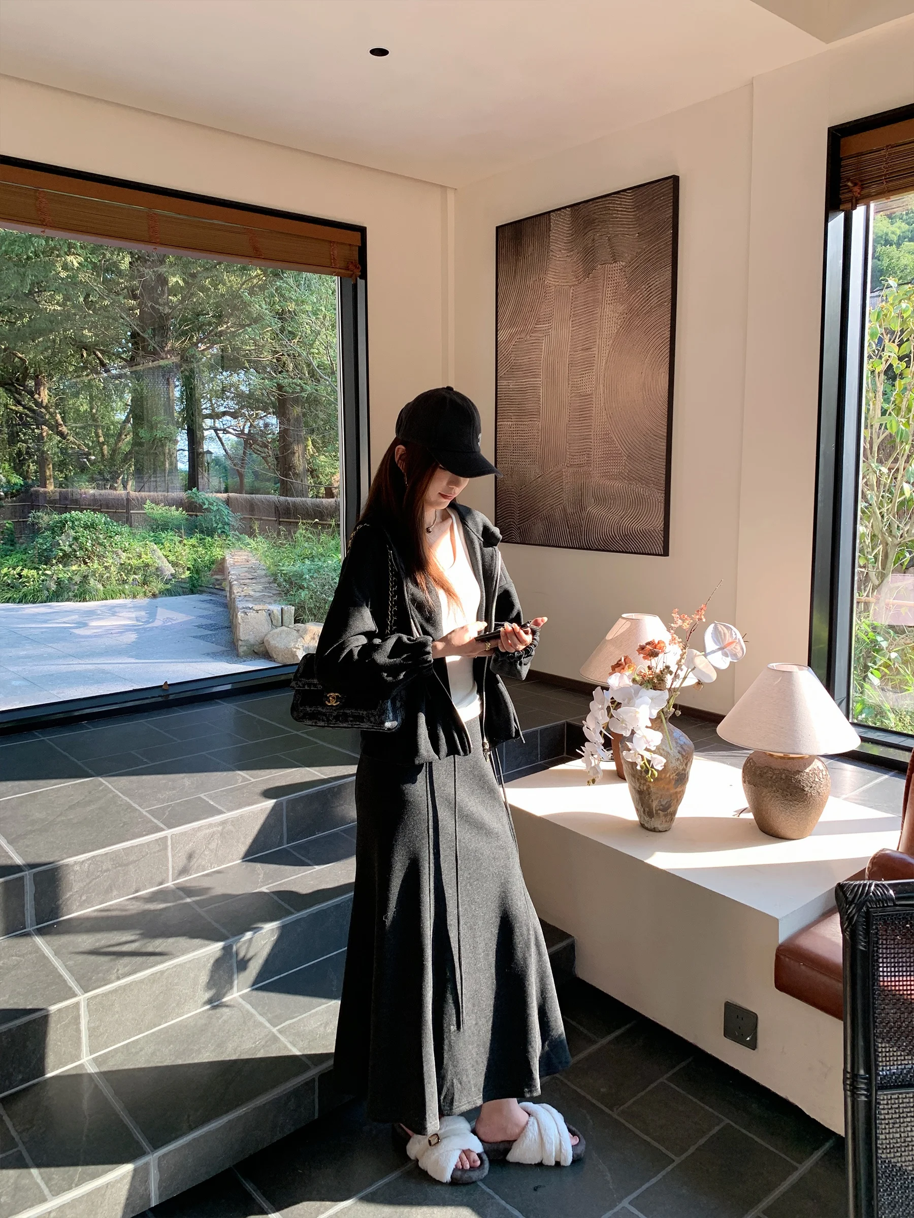 

Sam Seoi повседневный комплект из куртки и юбки с капюшоном, женский осенне-зимний свитшот, юбка с высокой талией, удобная длинная свеч