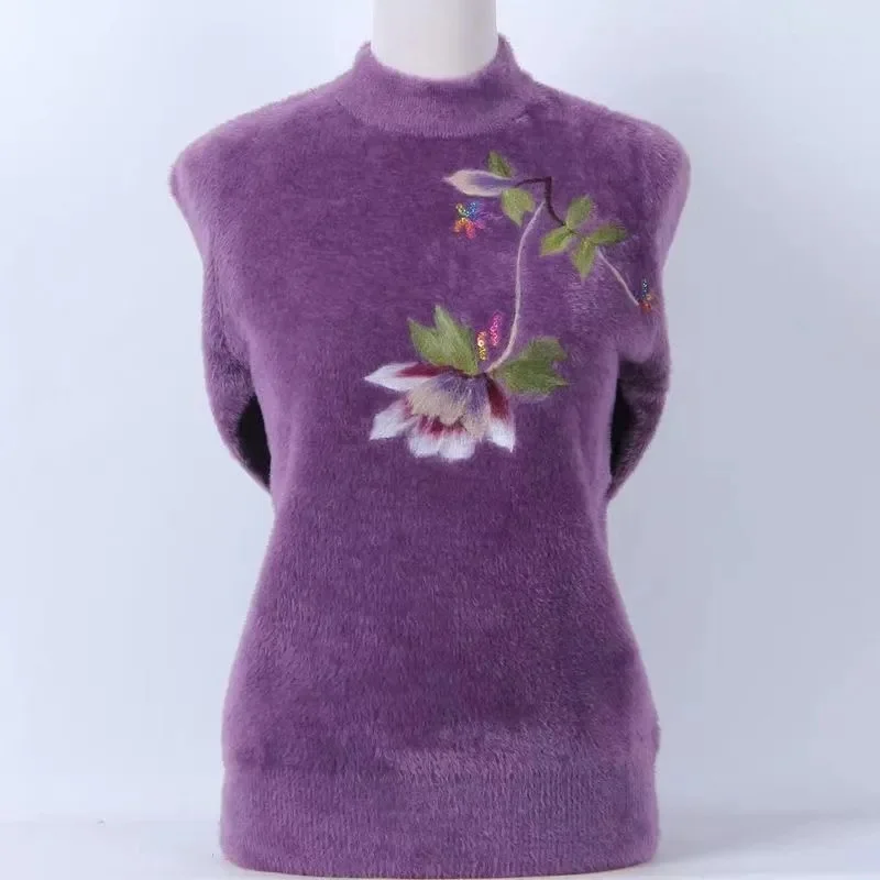 

Вязаная осенняя женская вязаная куртка среднего возраста с длинными рукавами и вышивкой, женская вязаная куртка с полувысоким воротником 2025 года, большой размер 6XL, норковая меховая куртка