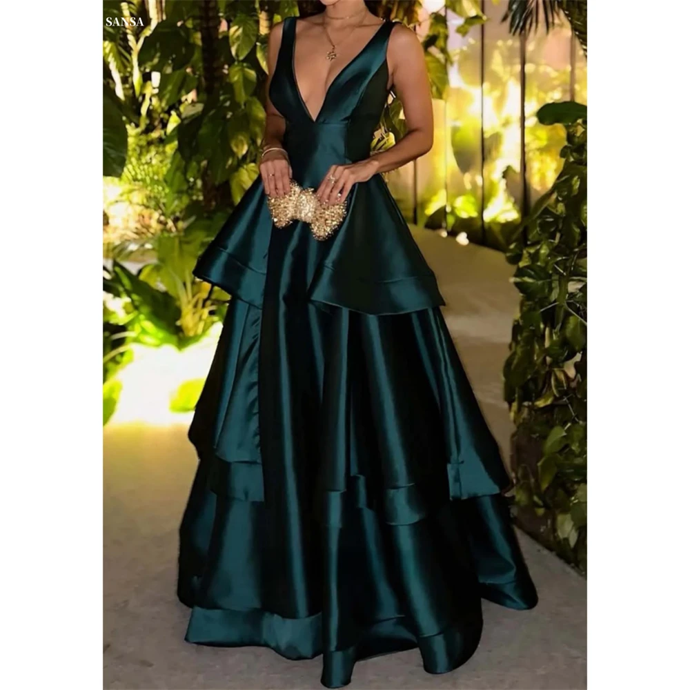 

Sansa Customized Emerald Green Tiered Ruffle A-line Prom Dresses Elegant V-Neck Vestidos De Noche Floor-Length Formal Evening