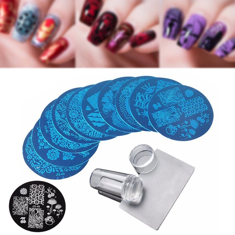 10 Pcs Stamping Plate + Clear Silicone Stamper + Scraper Nail Art Image Stamp Tool Manicure Template WH998