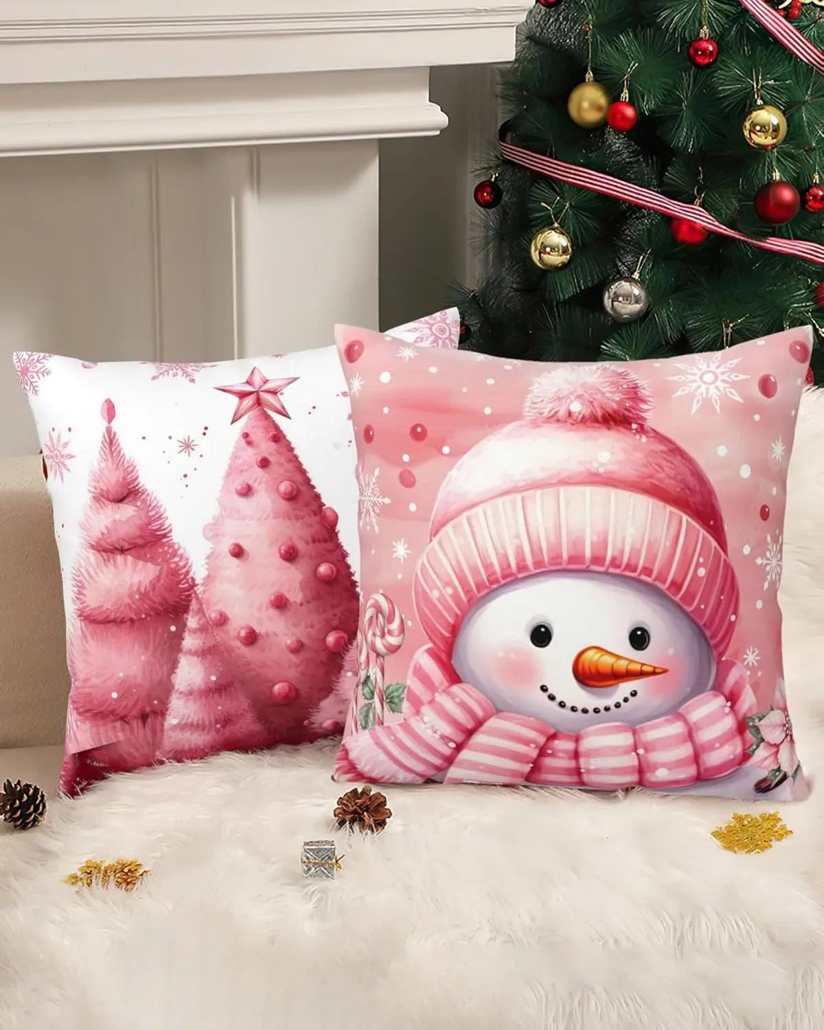 Christmas Pillow Covers 18x18, Pink Candy Cane Christmas Throw Pillow Covers Set of 4,Christmas Decorations Snowman Santa