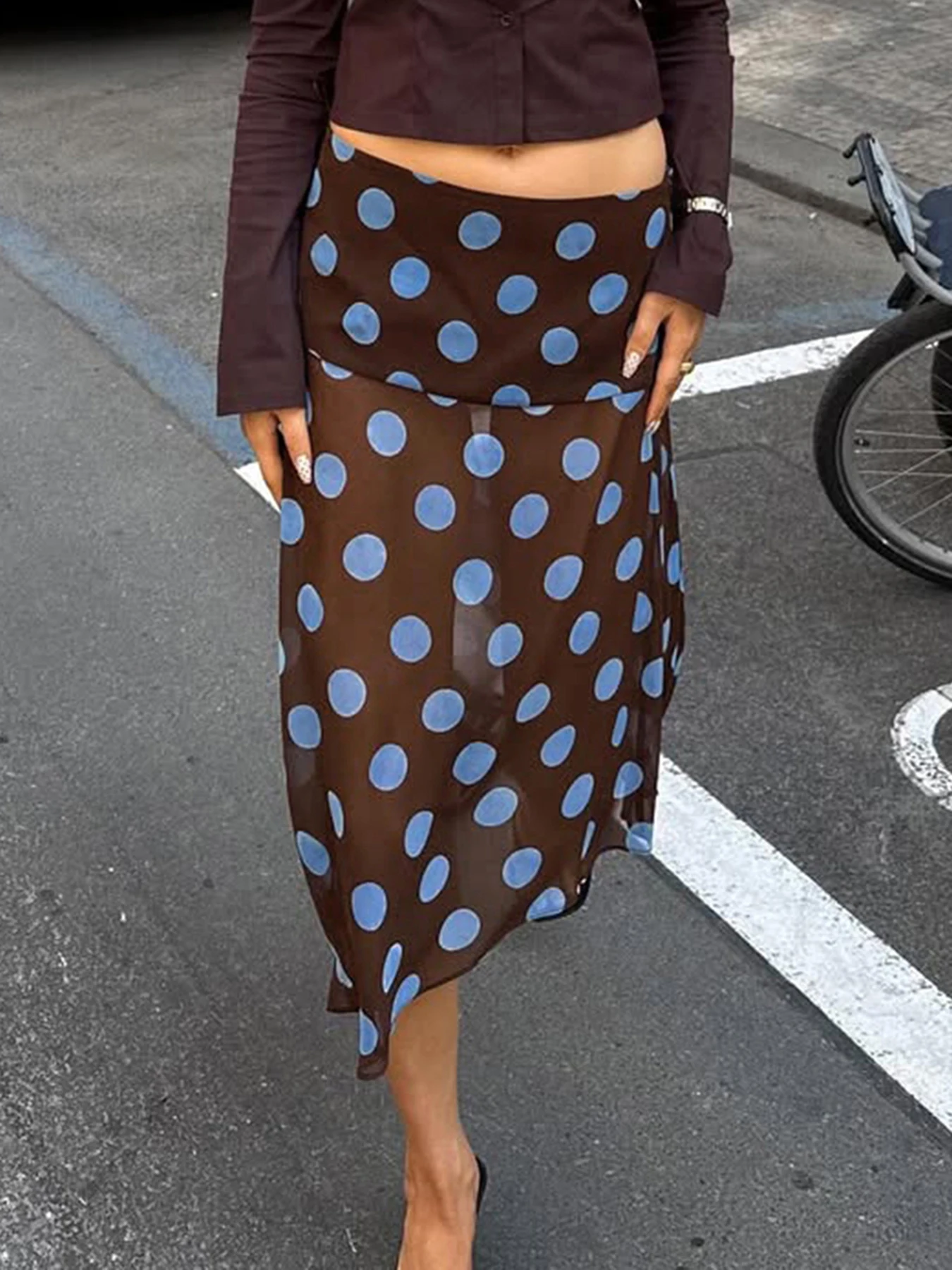 

Sweetown Fashion Trendy Polka Dot Prints Patchwork Women Skirts Irregular Mesh Sheer Design Summer Elegant Skirts