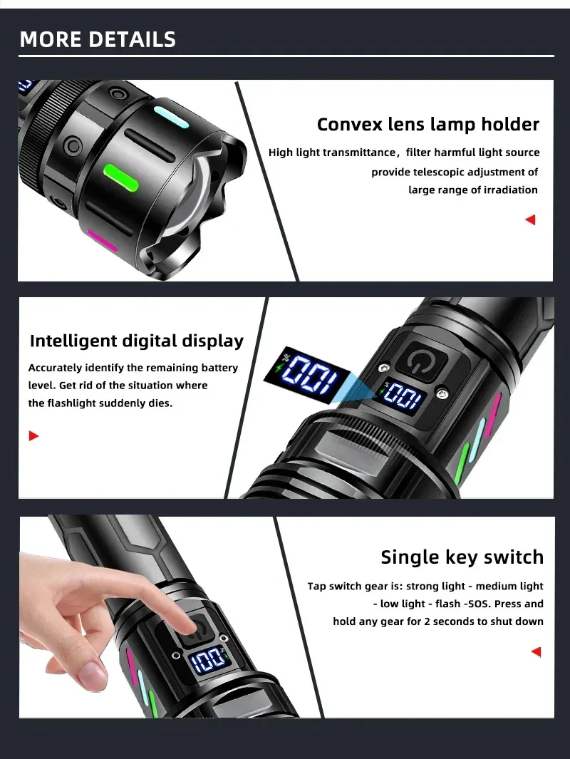 High Power LED Flashlight USB Rechargeable Strong Light Lantern Powerful Tactical Torch Waterproof Super Bright Lamp Outdoor