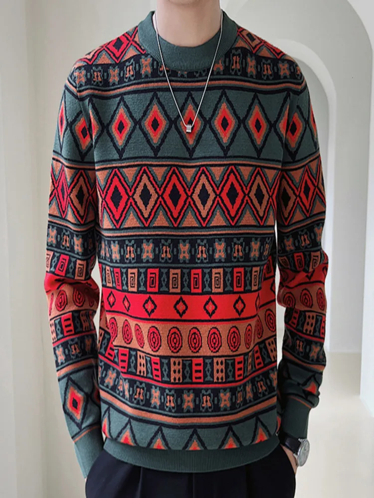 

Ethnic Retro Contrast Printing Sweater Mens Pullover Pull Homme Fall For Men Knitted Round Neck