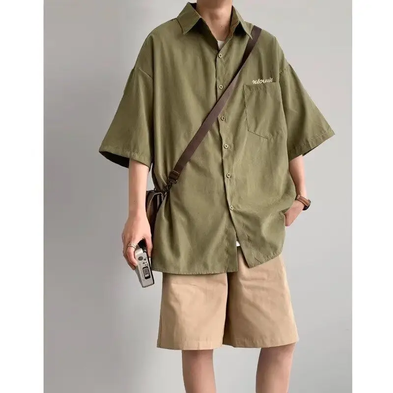 

Retro y Men's irt Neutral Brown Color Summer Loose ort Sve Multi ket Casual Polyester Fiber Stand Fit irt