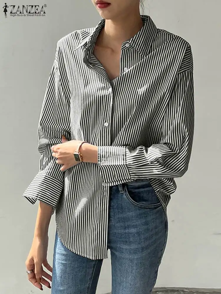 ZANZEA Women Striped Blouse 2023 Summer Elegant Shirts Casual Loose Long Sleeve Fashion Button Up Tunic Tops Blusas Femininas