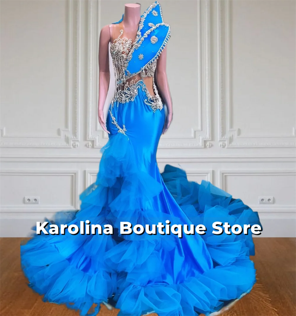 

Amazing Blue Prom Dresses Black Girls 2024 Crystal Tassel Tulle Ruched Split Backless Birthday Party Dress Mermaid Customized