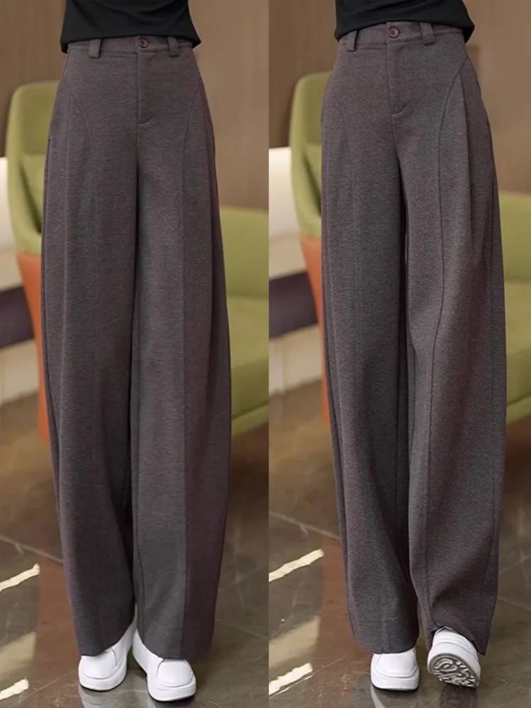 Damskie spodnie wełniane z wysokim stanem, proste nogawki, zwiewne, szerokie nogawki typu banana, spodnie garniturowe, spodnie typu knife, do pracy, eleganckie.