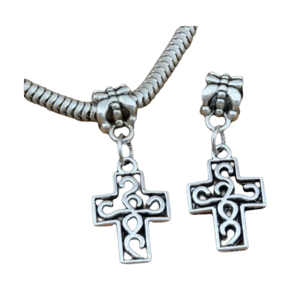 100Pcs Dangle Alloy Filigree Cross Charm Big Hole Beads Fit European Charm Bracelet Jewelry 12.5x31mm A-279a