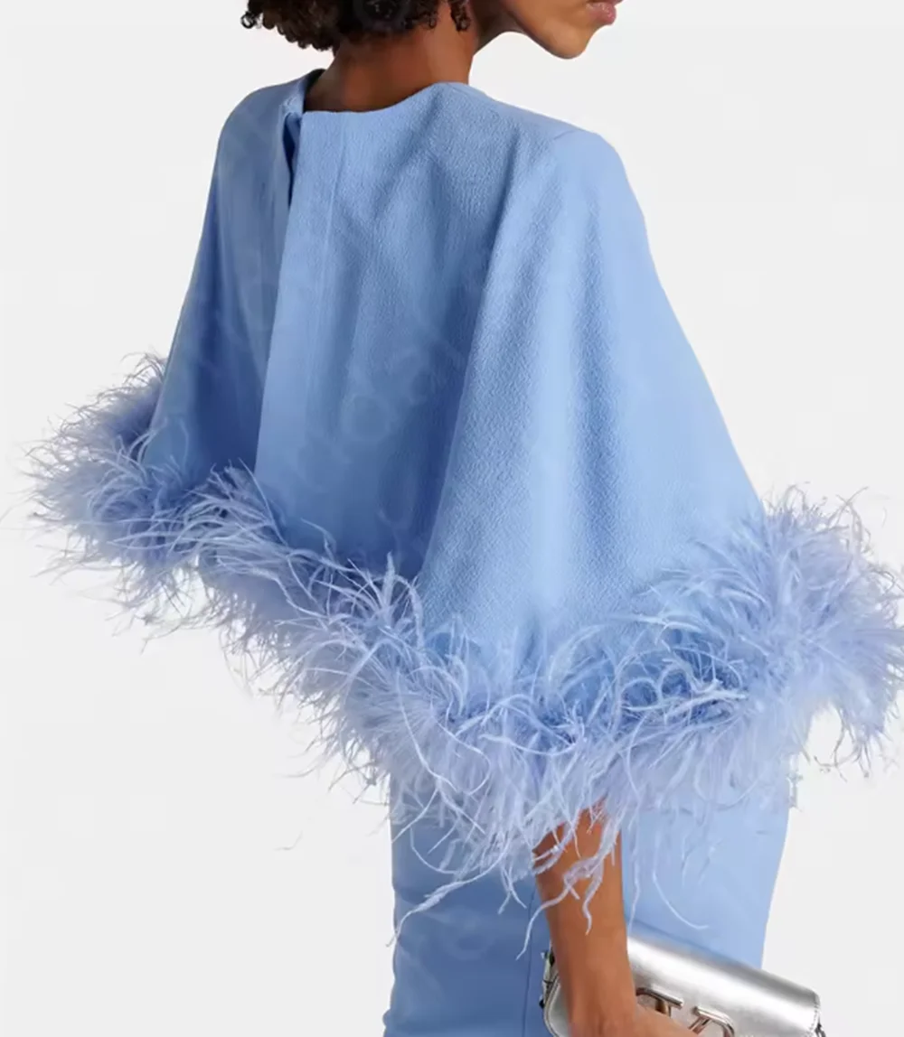 Nuevo vestido de plumas azul bebé 2024, vestido para madre para mujer, vestido para madre de la novia de manga 3/4, vestido árabe para invitados de boda con abertura en la espalda