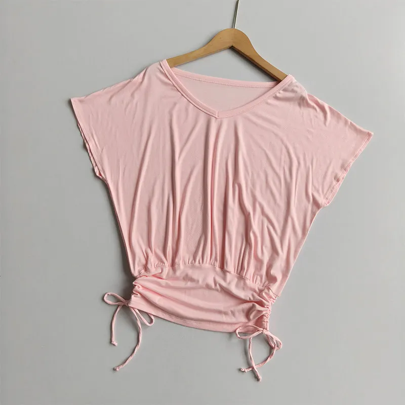 Sommerliches Yoga-T-Shirt mit V-Ausschnitt für Damen, aus Baumwolle, locker geschnitten, figurformend, weich, Sport-T-Shirt, kurzärmeliges Pilates-Shirt, lässiges Fitness-Oberteil. – Detail 10