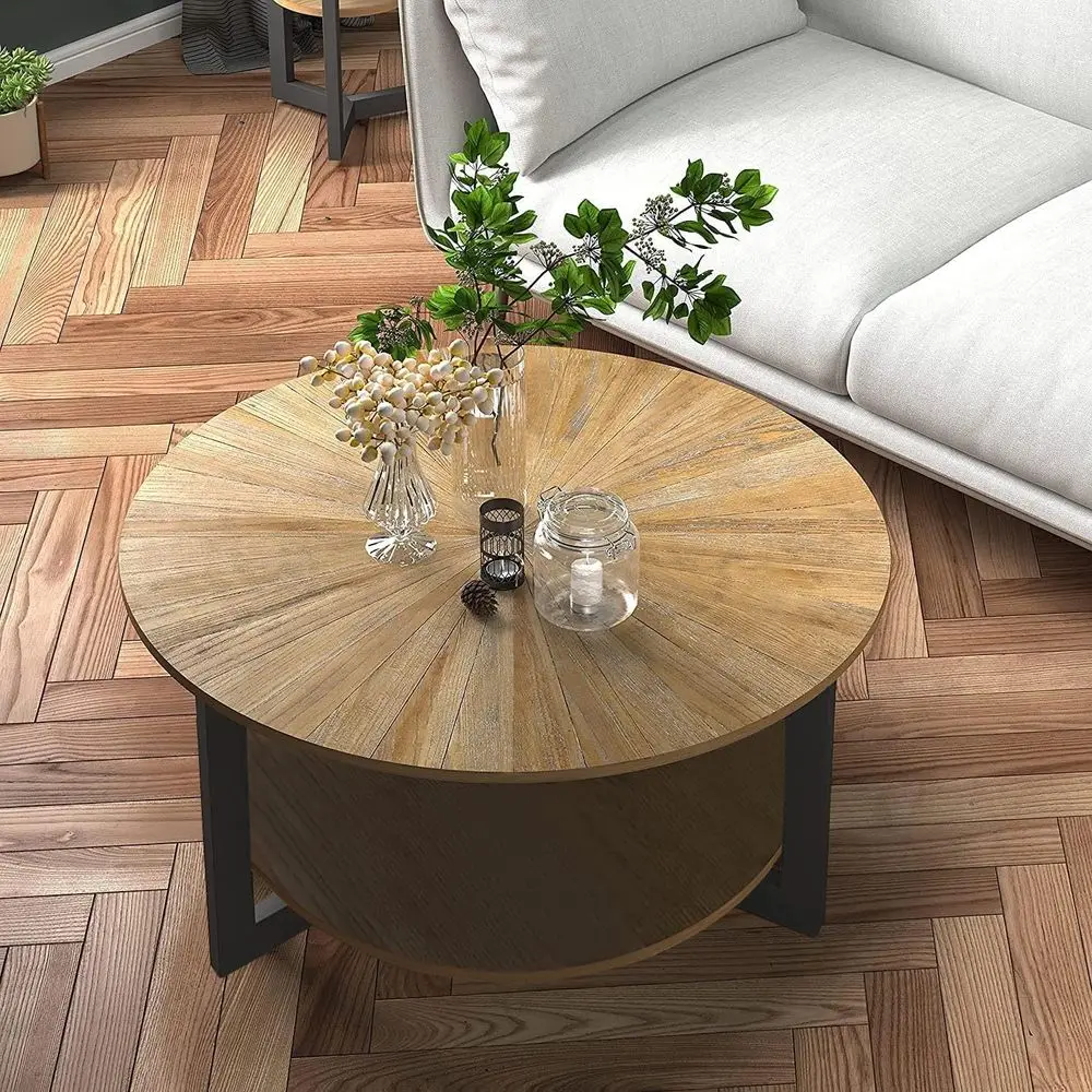 

2-Tier Round Wooden Coffee Table with Storage, Vintage-Inspired Style, Yellowish Brown Finish, Black Metal Legs