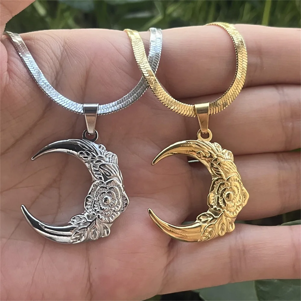 Fashion Moon Shaped Rose Flower Necklace for Women 3MM Blade Snake Chain Chocker Jewelry Gift for Girl Stainless Steel Callors