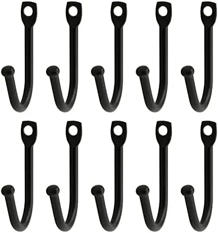10 ganchos de pared de hierro forjado negro con tornillos, decorativos, de un solo gancho, para llaves, sombreros, toallas