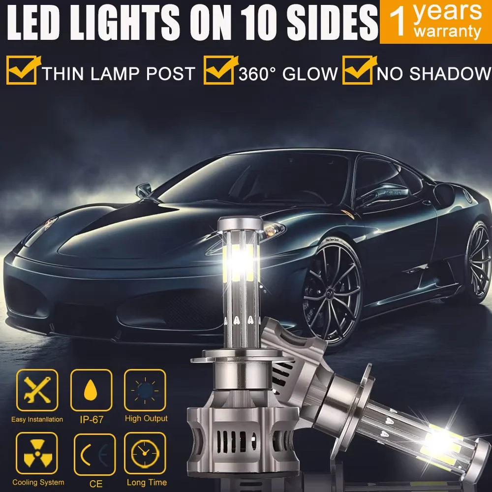 360-8-sided LED Car Headlights H1/H4/H7/H11/9005/9006/9012 180W 6000K White Car Headlights With Far and Near Light Integration